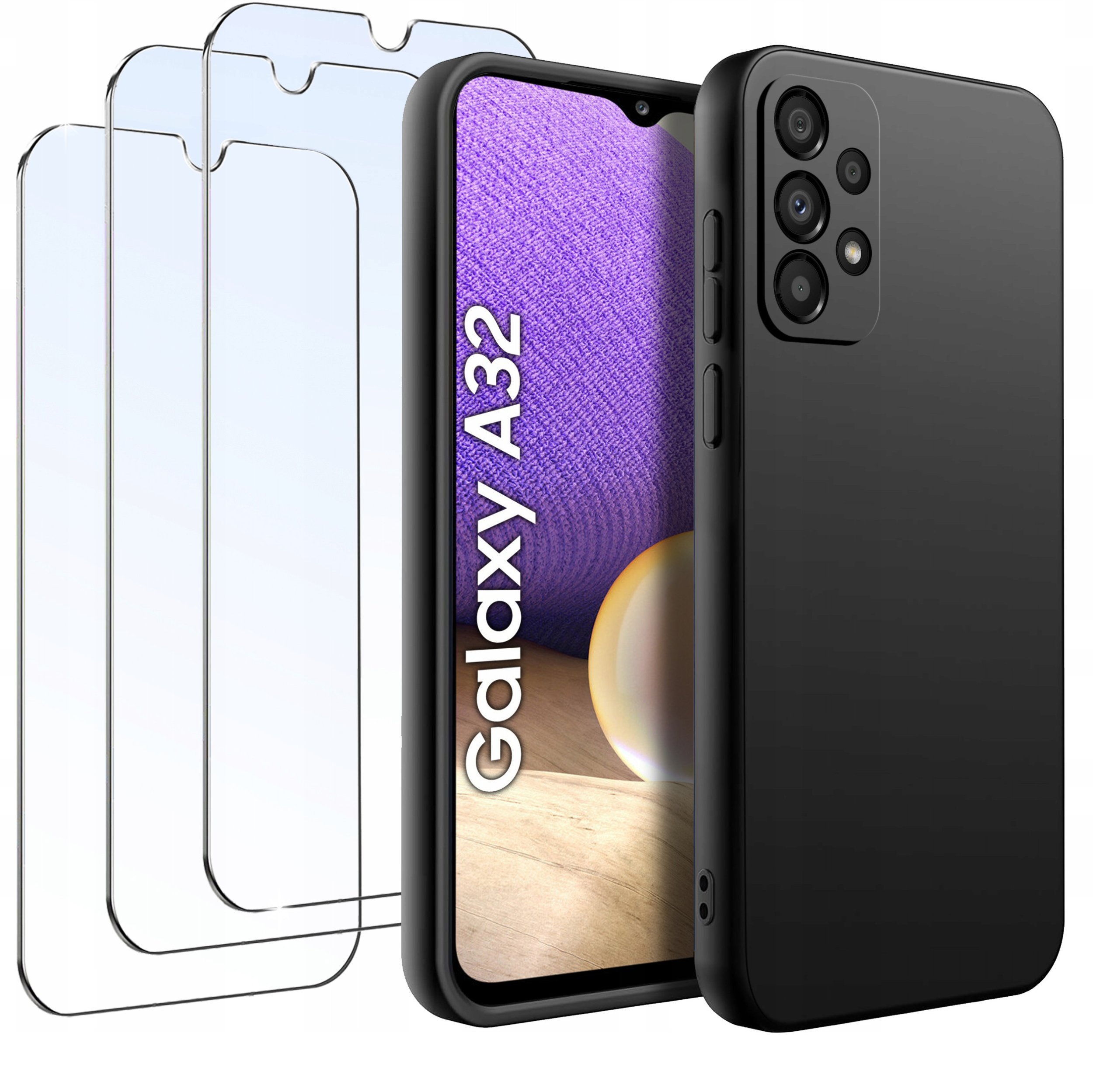 ZESTAW Etui do Samsung A32 4G | Matowe Czarne Silikon Slim +3 SZTUKI SZKŁO