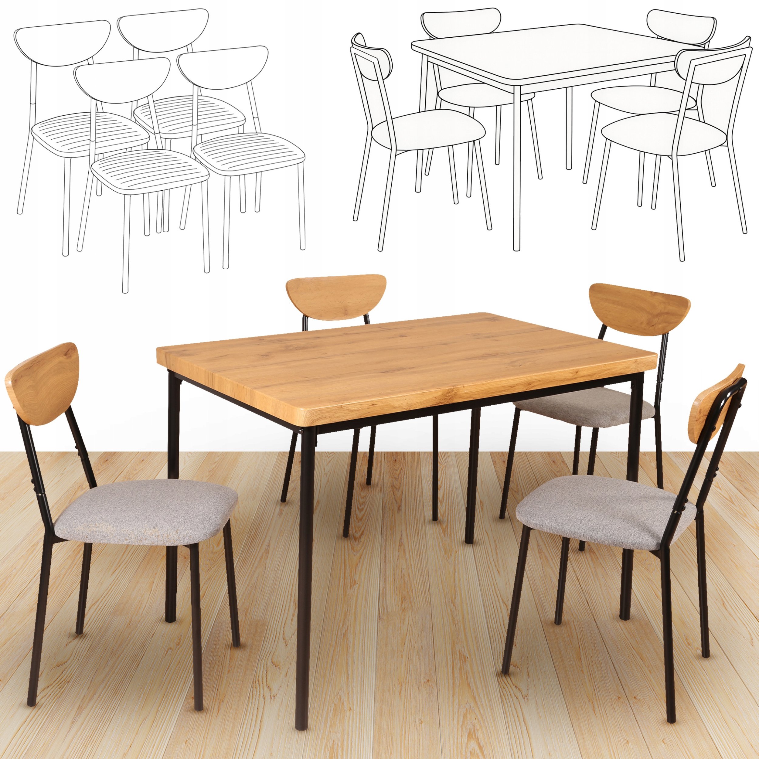 Zestaw mebli do kuchni VERO stół 110x70 dąb + 4 krzesła szare 4 os.