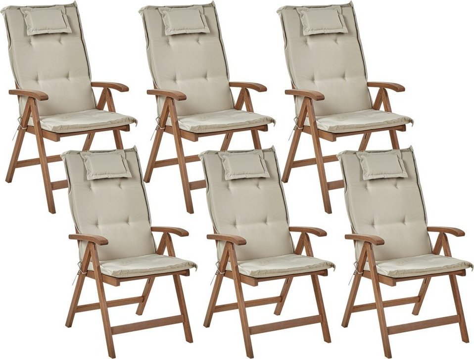 Beliani Zestaw 6 krzeseł ogrodowych drewno akacjowe z poduszkami beżowoszarymi AMANTEA