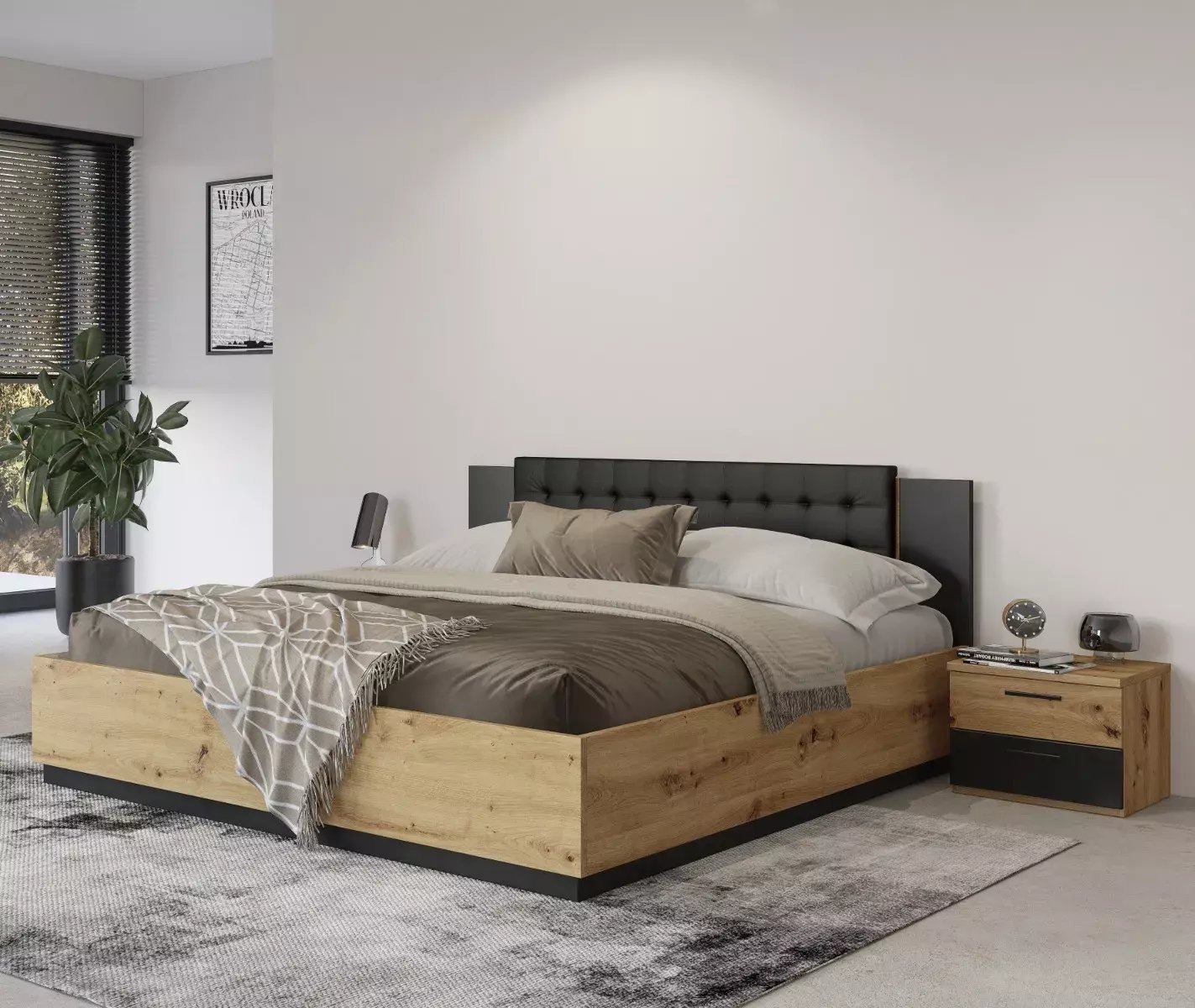 Łóżko SIGMA 180x200 dąb artisan/czarny mat z pojemnikiem HELVETIA