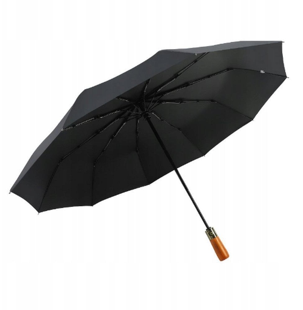 Automatyczny składany parasol z drewnianą rączką 10-ramienny XXL 115 cm czarny