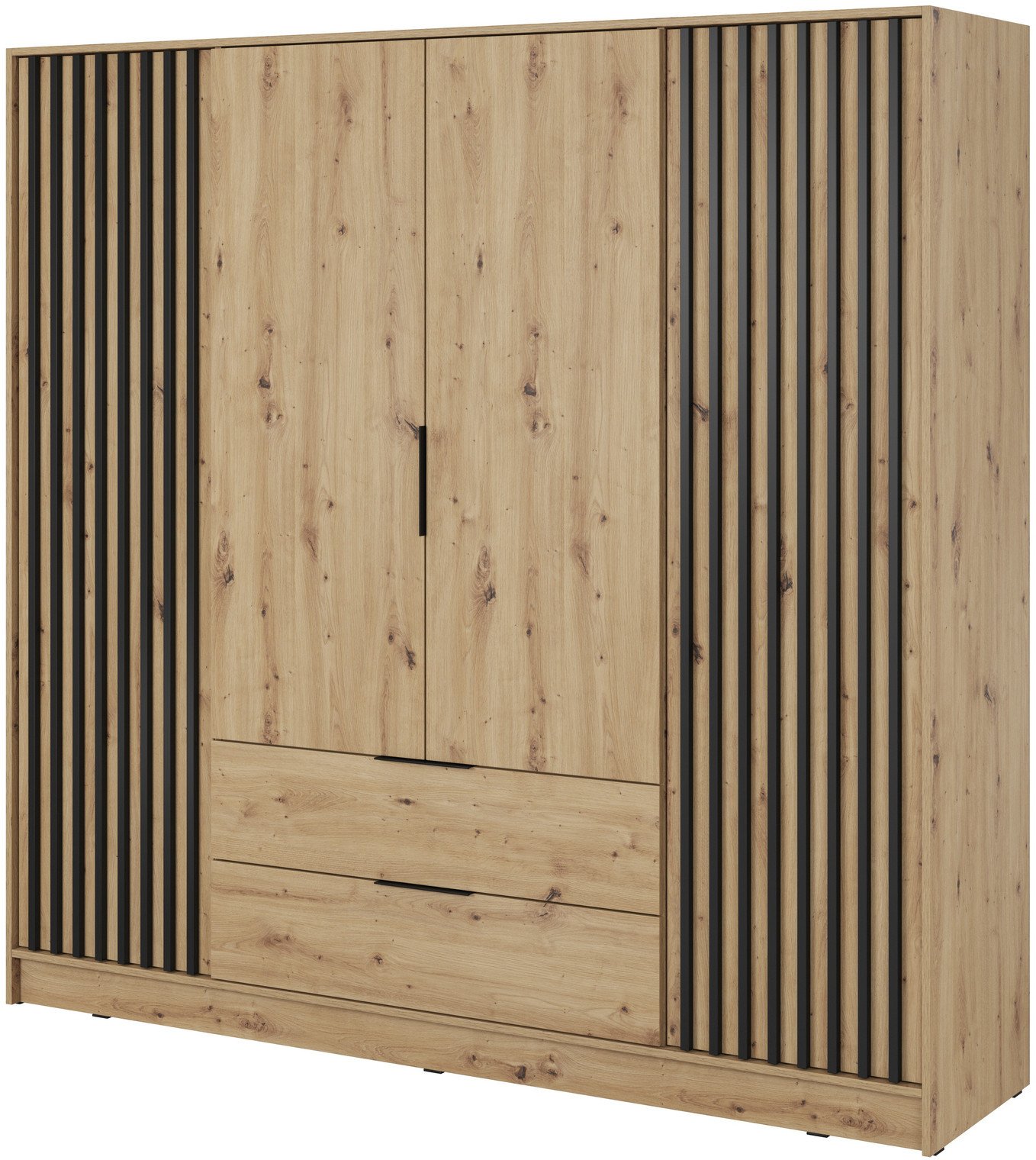 Szafa Stilo w kolorze dąb artisan czterodrzwiowa z szufladami i lamelami na froncie