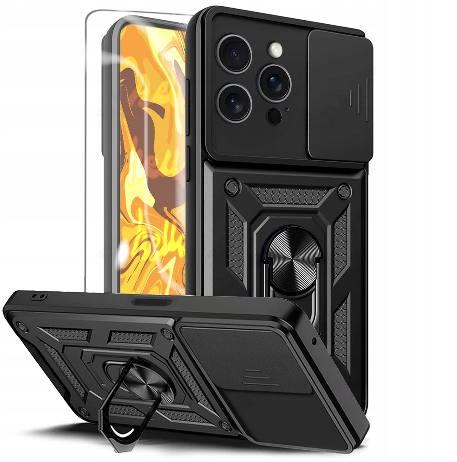 Hello Case Etui Pancerne do APPLE IPHONE 17 Czarny ARMOR HOLDER RING Plecki Szkło 9H