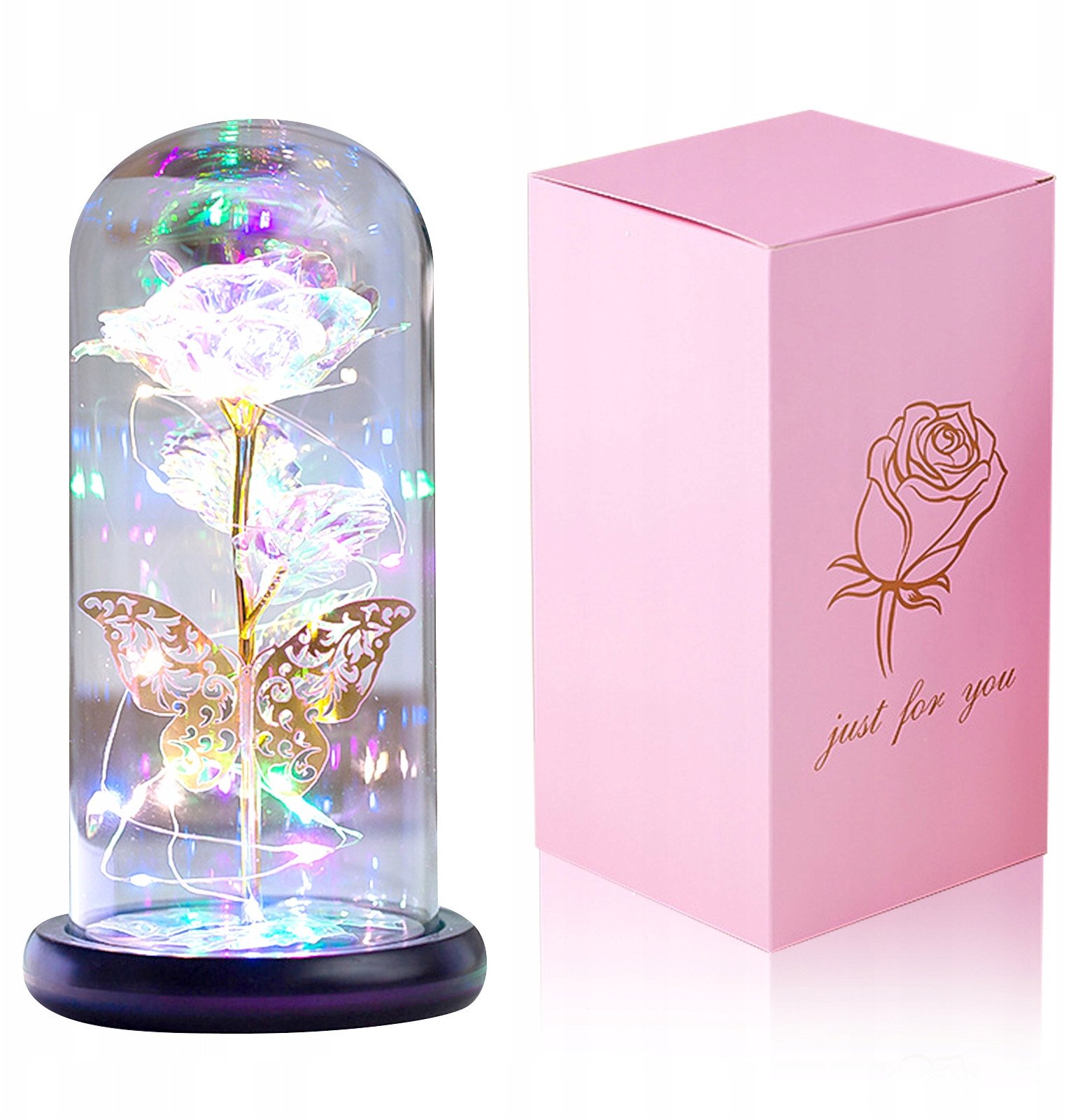 WIECZNA Róża WIELOKOLOROWA W SZKLE Świecąca LED PREZENT Tęczowa