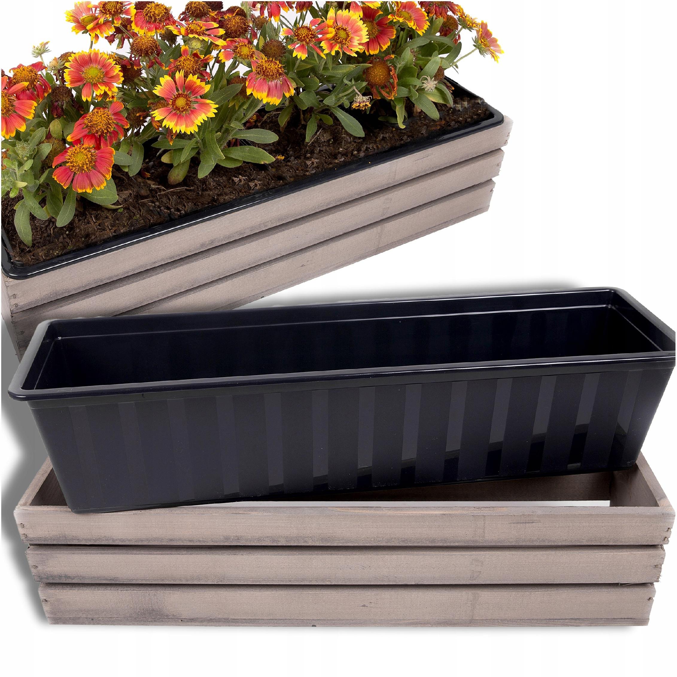 SKRZYNKA DREWNIANA NA KWIATY ZIOŁA BALKONOWA PLASTIKOWY WKŁAD BALKON 60CM