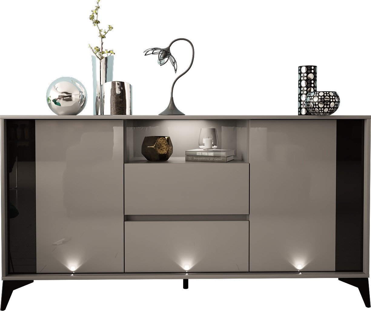 MEGSTYL Komoda 160cm z czarną wstawką i nóżkami - evel 3 Szary mat - Szary połysk