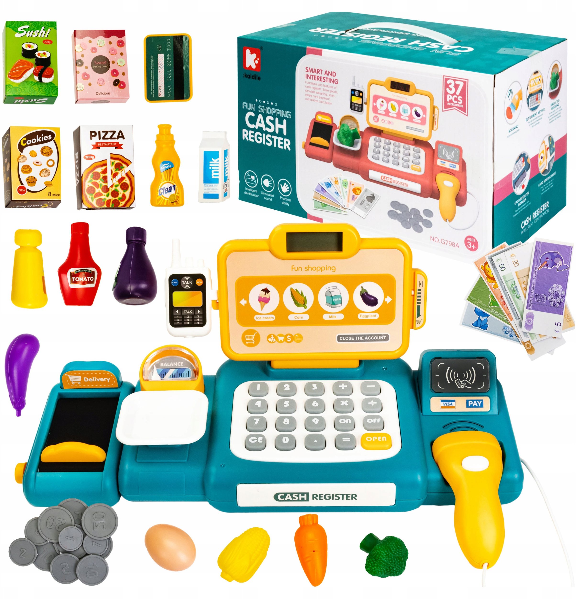 Kasa Fiskalna Sklepowa Dla Dzieci Waga Skaner Taśma Kalkulator + Akcesoria