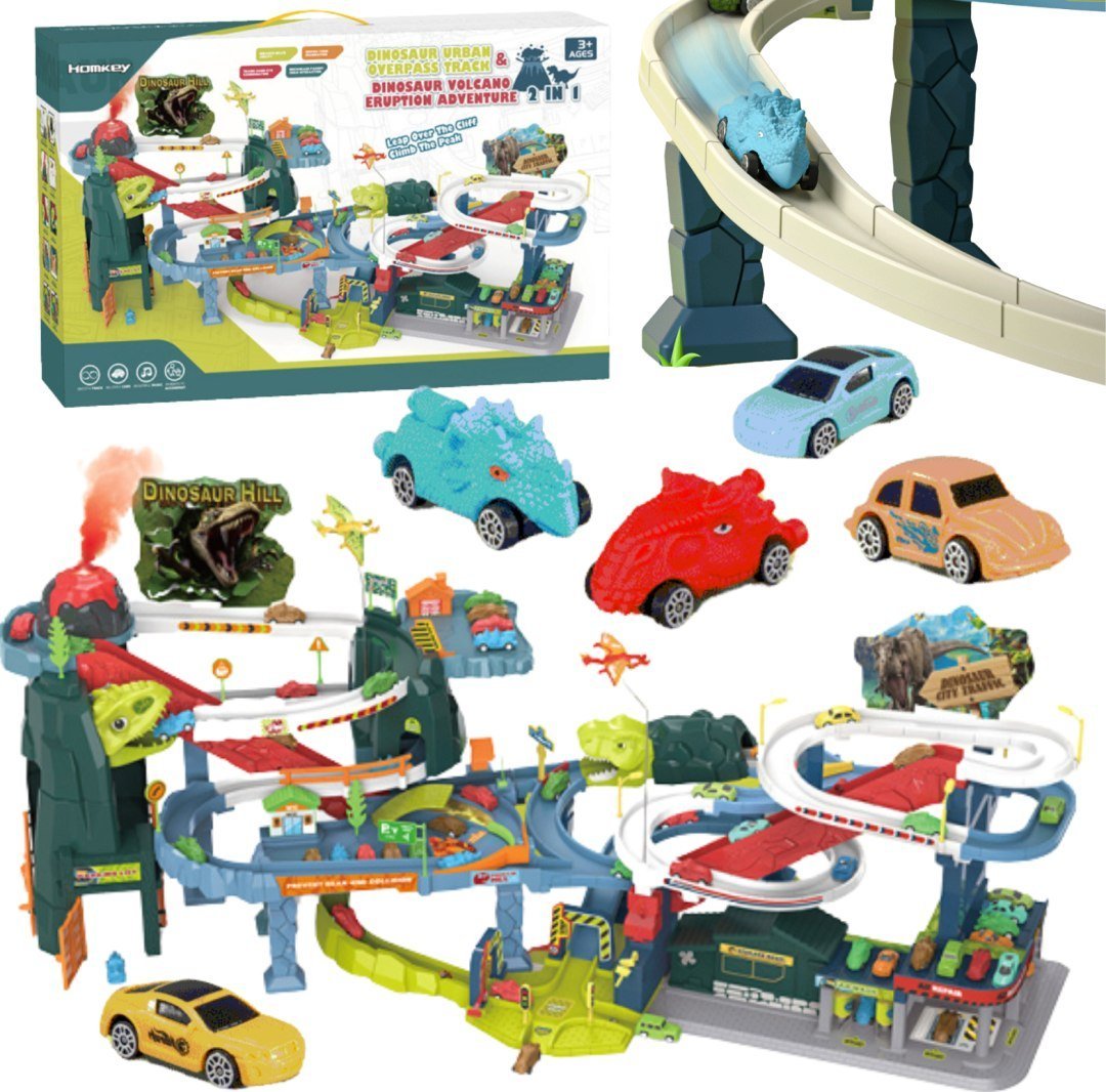 ProNice ZESTAW DUŻY TOR WYŚCIGOWY PARKING DINOZAURY MINISAMOCHODY ŚWIATŁO DŹWIĘK
