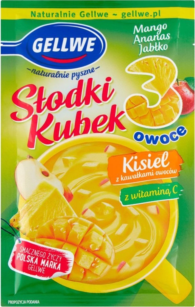 Gellwe Gellwe Słodki Kubek 3 owoce Kisiel z kawałkami owoców mango ananas jabłko 30 g