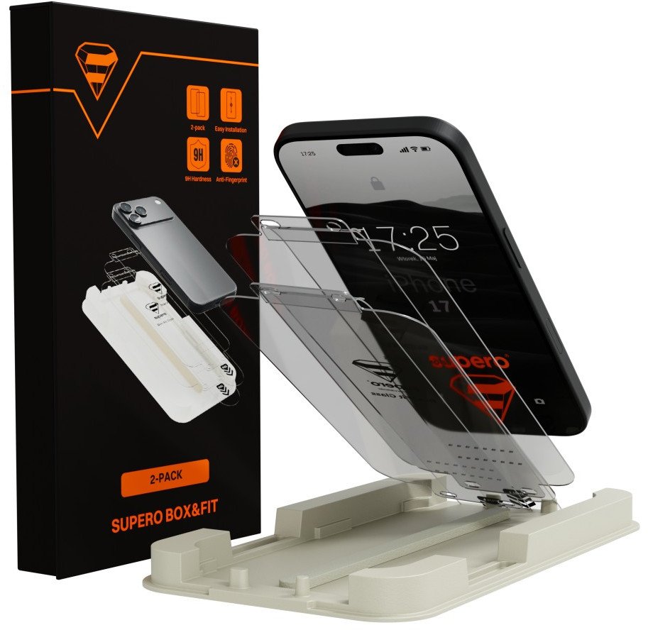 Szkło hartowane Supero Box&Fit do iPhone 17 / 16 Pro, z aplikatorem, 2 szt.
