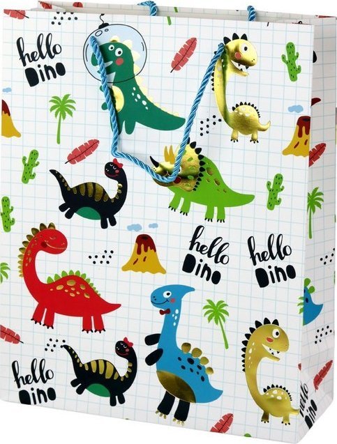 LeanToys Papierowa Torba Prezentowa Biała W Kratkę Dinozaury 32 cm x 26 cm x 10 cm
