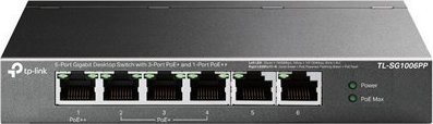 Switch TP-Link Przełącznik TP-LINK z 6 portami Gigabit, w tym 3 porty PoE+ i 1 port PoE++, model TL-SG1006PP, niesprzętowy, na biurko