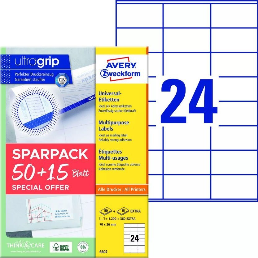 AVERY Universaletiketter Avery 70x36 mm, hvid med Ultragrip + 30% ekstra indhold - (65 ark x 24 stk.)