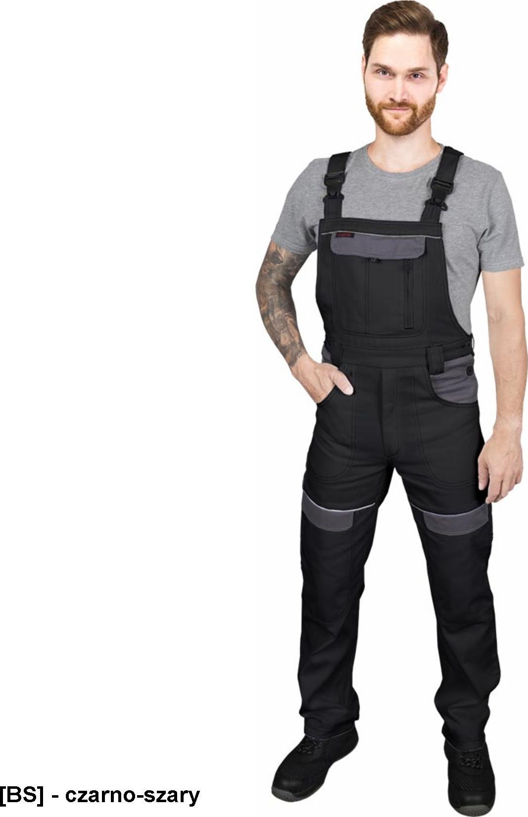 R.E.I.S. CORTON-B - Spodnie ochronne ogrodniczki CORTON, tkane 100% bawełna 260 g/m2 6 kieszeni elementy odlaskowe - czarno-szary 58