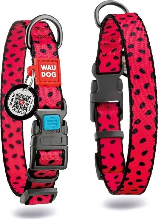 Collar WAU DOG OBROŻA NYLON Z ADRESÓWKĄ QR 10mm/20-30cm ARBUZ
