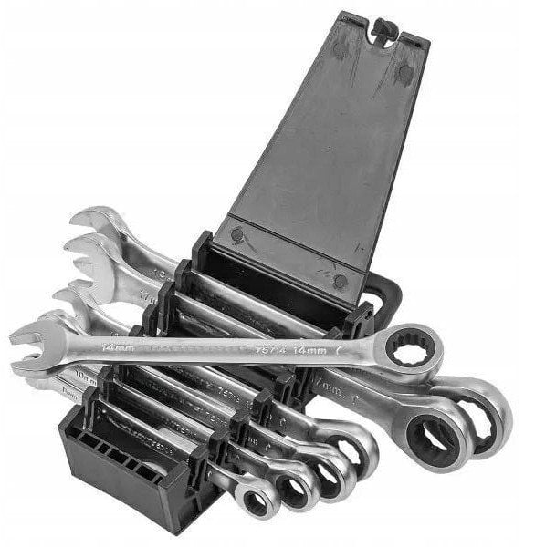 Zestaw kluczy płasko-oczkowych z grzechotką 7el. (8-19mm) w klipsie