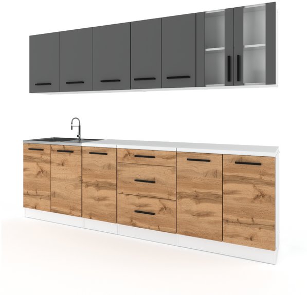 Meble Kuchenne Skandynawskie Remino 2.6m Nowoczesne Szafki Szare Dąb Wotan