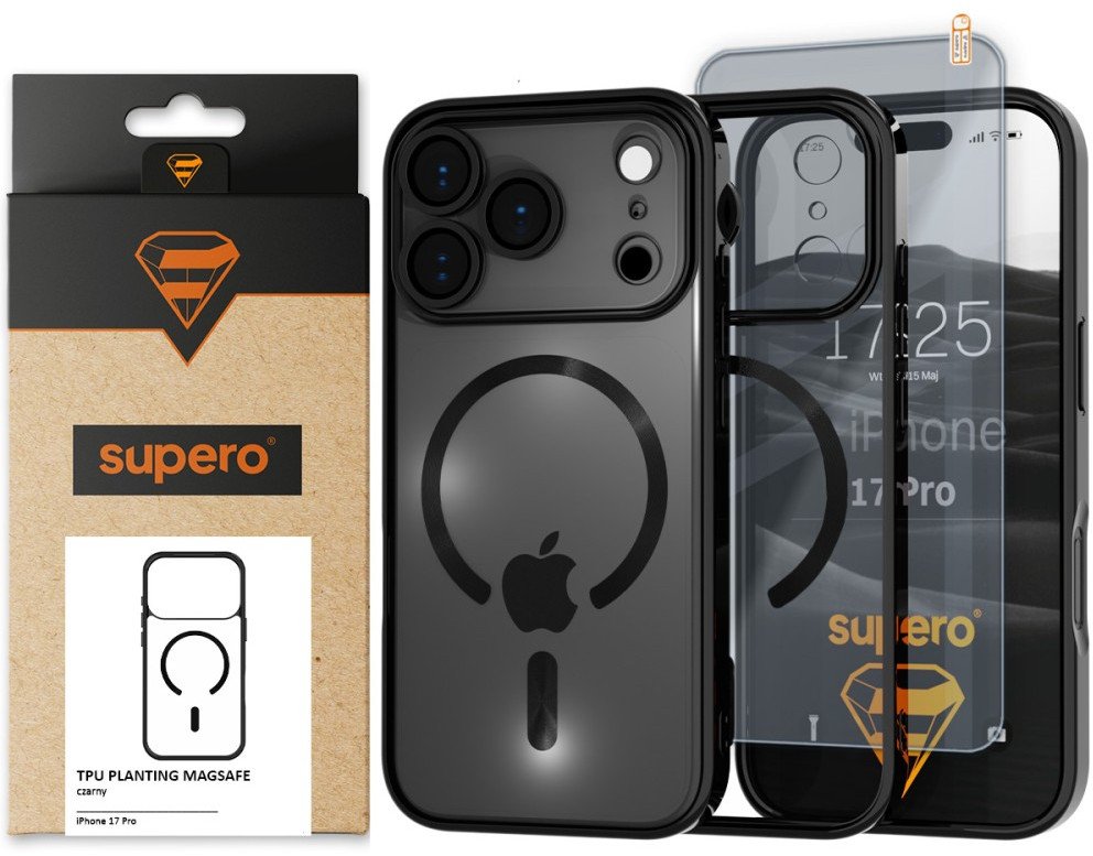 Etui Supero Tpuplating MagSafe do iPhone 17 Pro, czarno-przezroczyste + szkło