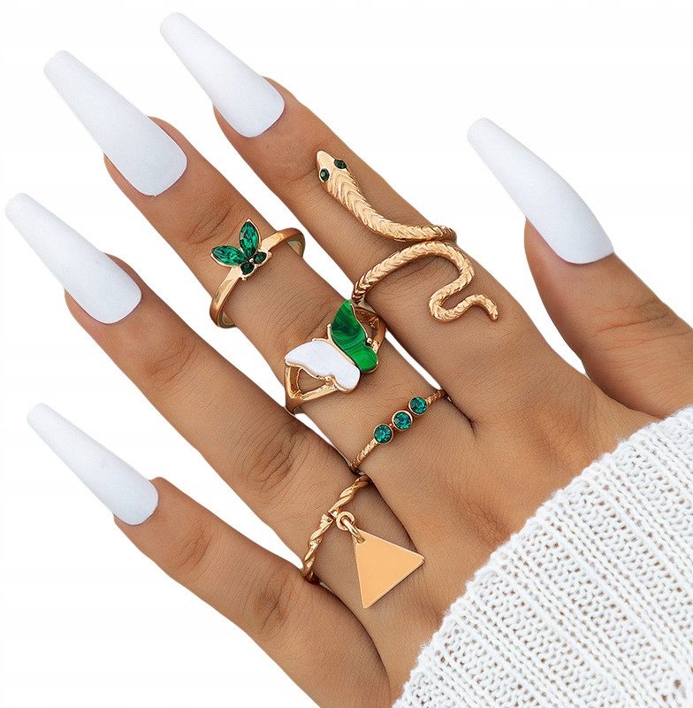 ZESTAW Złotych PIERŚCIONKÓW RETRO PUNK VINTAGE 5 Sztuk WĄŻ MOTYLE ZIELONY