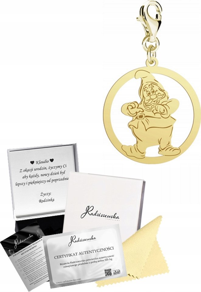 Radziszewska Jewellery Charms Złoty z Krasnalem Prezent Biżuteria Zawieszka Srebro 925 ŻYCZENIA