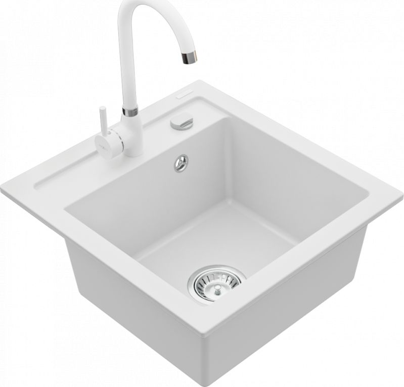 Zlewozmywak Mexen Vito zlewozmywak granitowy 1-komorowy z baterią kuchenną Telma, biały - 6503-20-670200-20