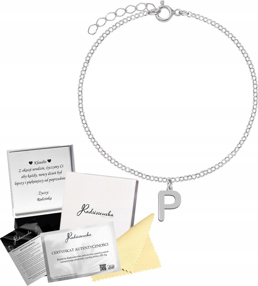 Radziszewska Jewellery Bransoletka Srebrna Litera Inicjały Łańcuszek Biżuteria ŻYCZENIA GRATIS