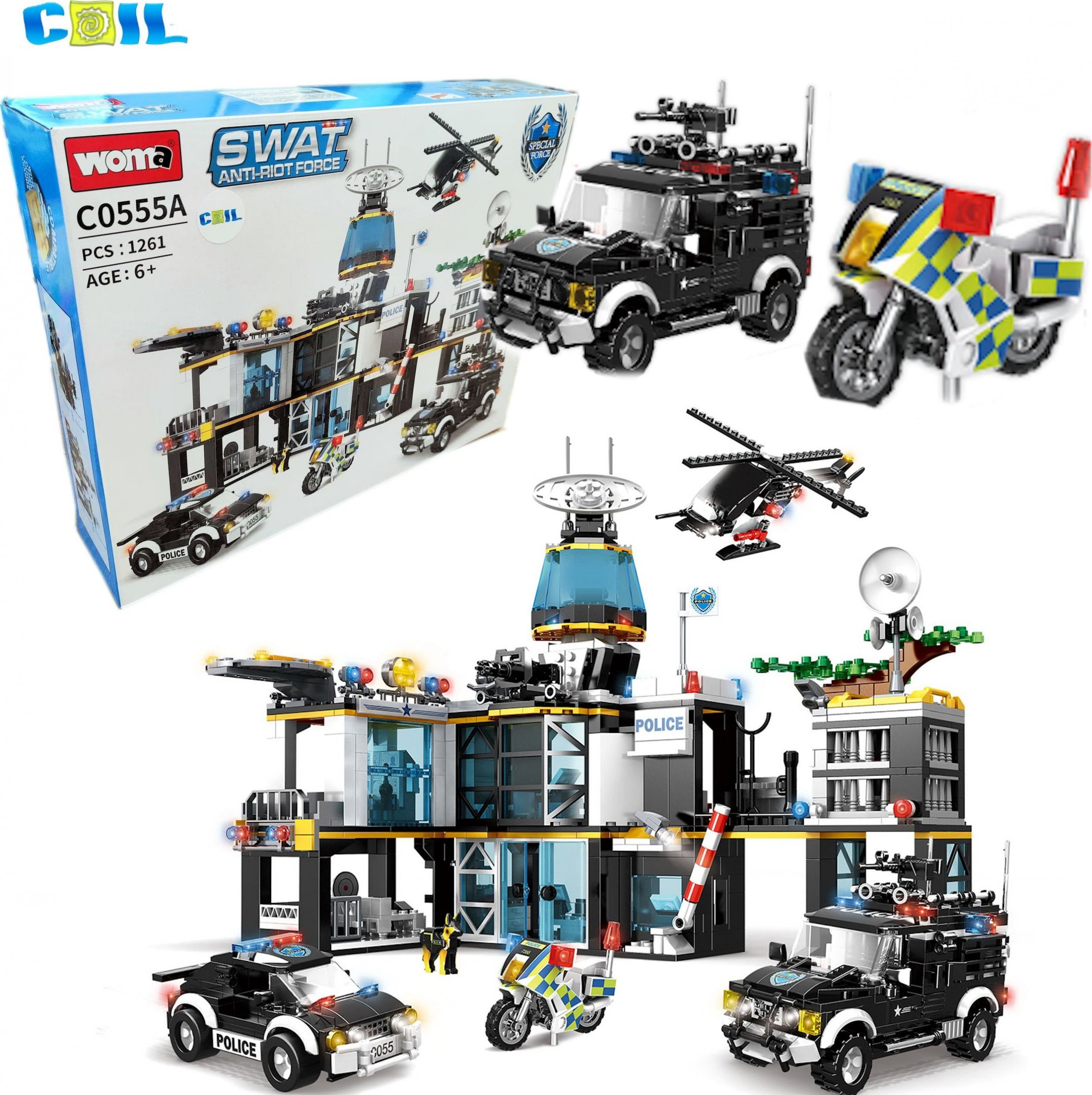 Coil Coil klocki konstrukcyjne zestaw mega 1261 elementów policja samochód komisariat + pojazdy