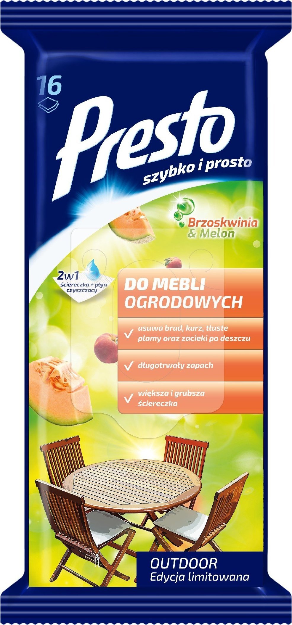 HARPER Presto Ściereczki czyszczące+płyn 2w1 do mebli ogrodowych - Brzoskwinia & Melon 1op.-16szt