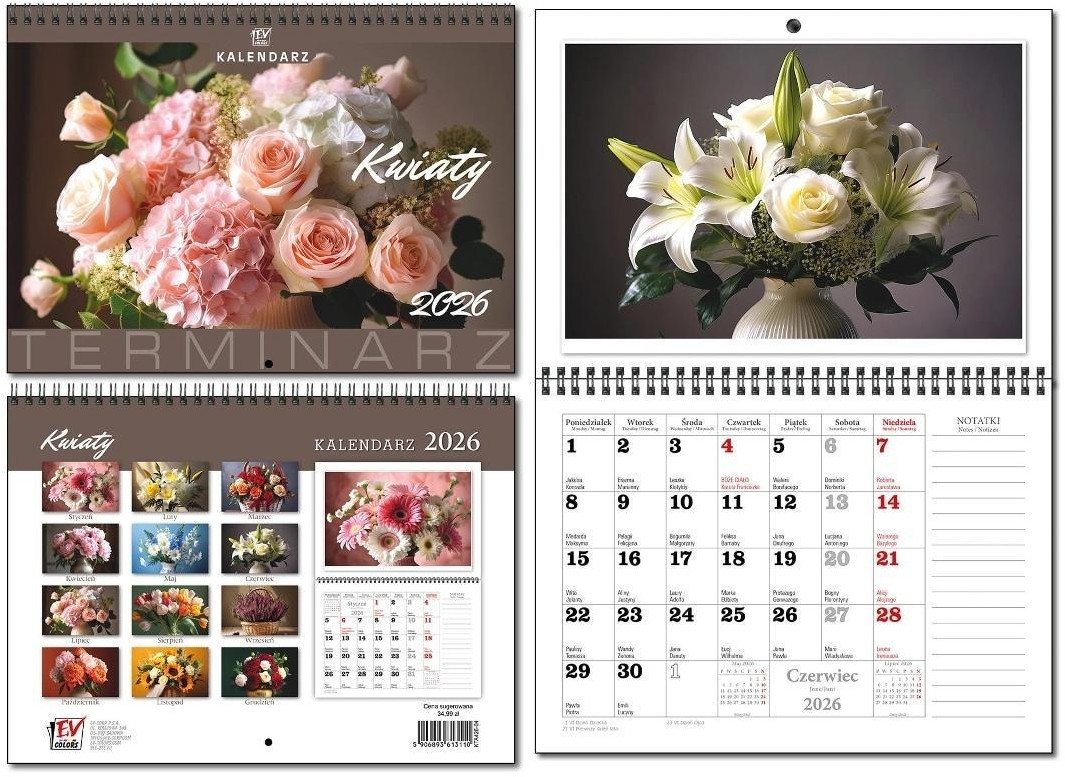Kalendarz 2026 A3 terminarz 13p Kwiaty