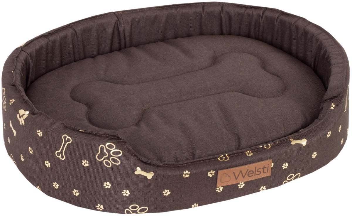 Welsti Owalne legowisko kojec dla psa Welsti brązowy złote kości i łapki L 68x55 wigofil