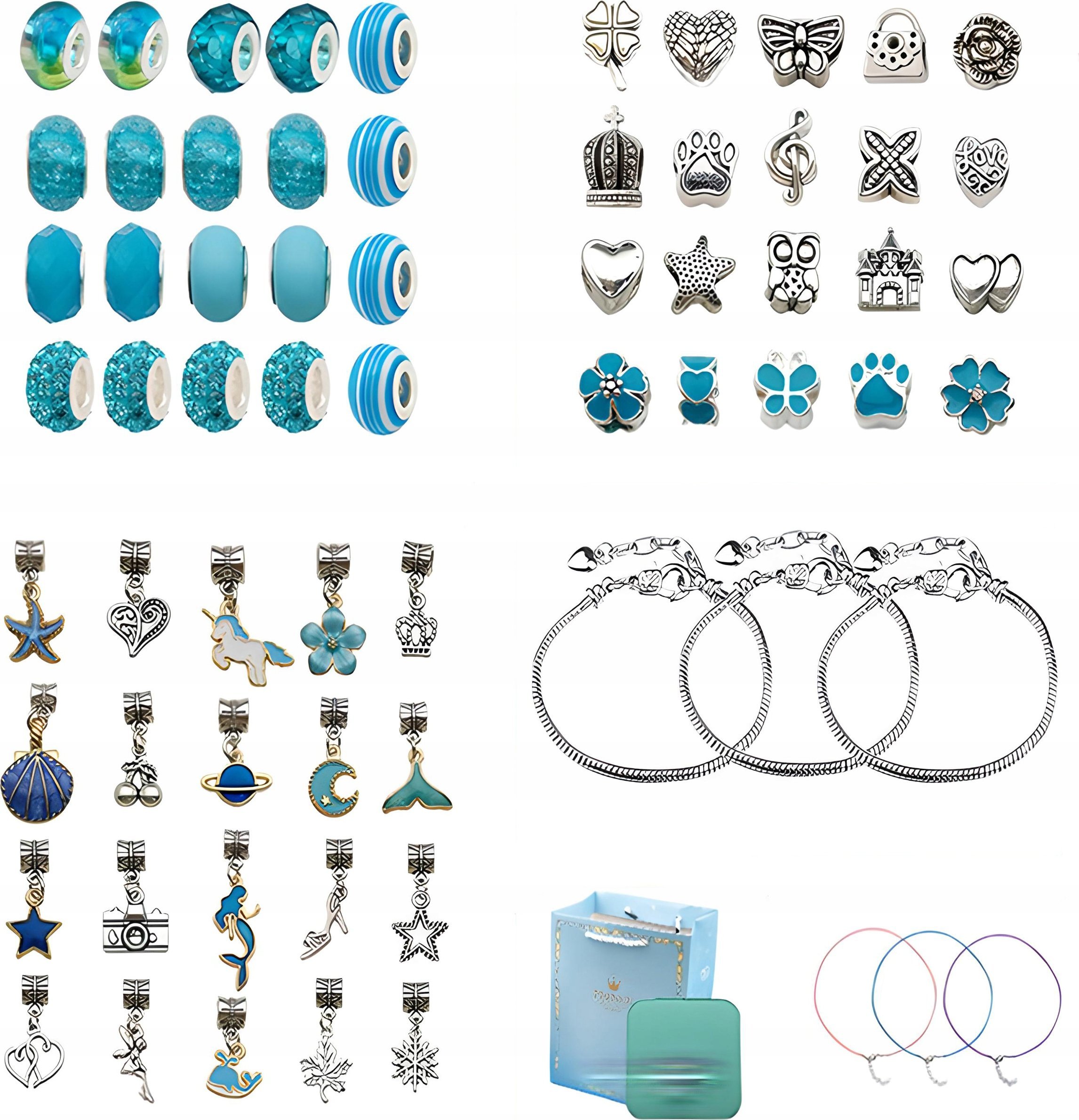 Zestaw Do Tworzenia Robienia Biżuterii, Bransoletek, Charmsy, Zawieszki, Koraliki ODCIENIE NIEBIESKIEGO + Etui