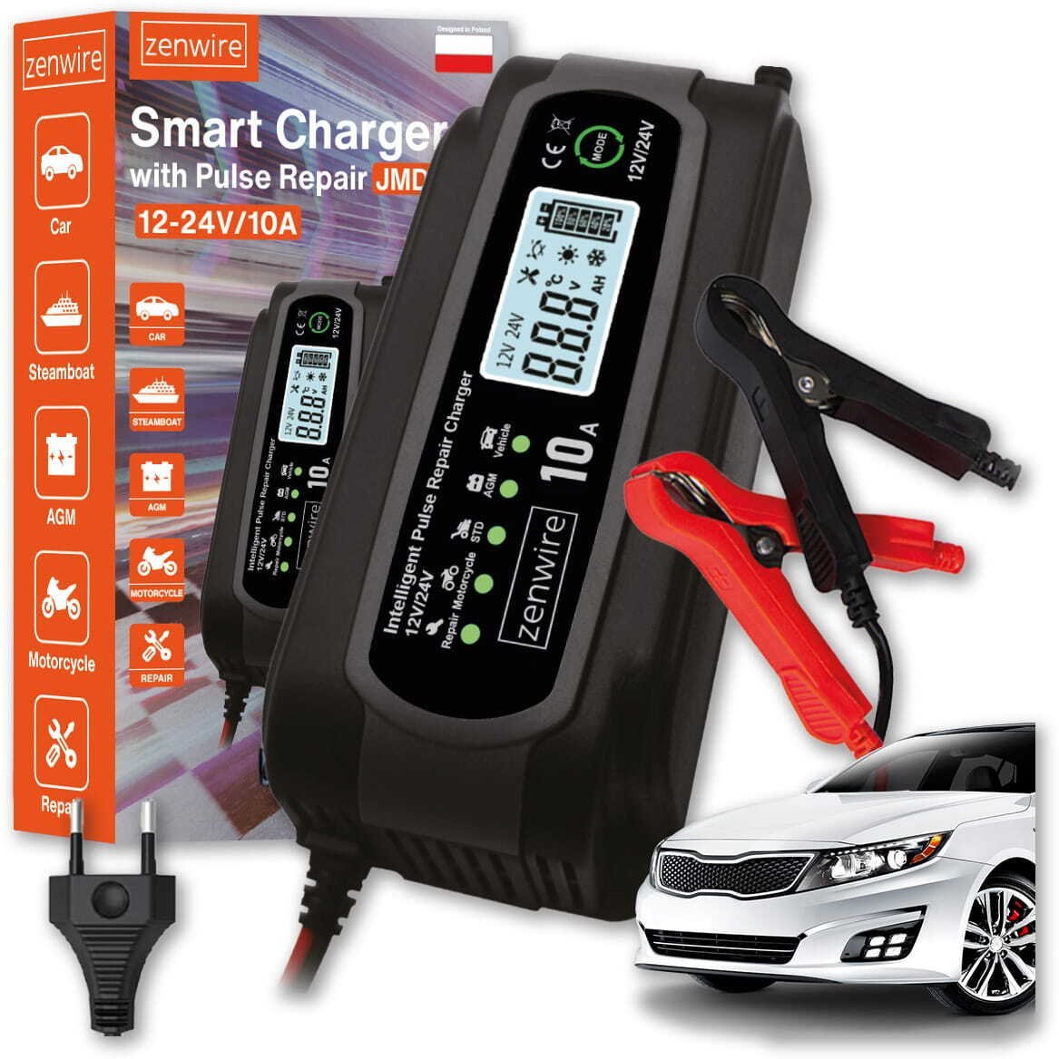 Zenwire Prostownik Ładowarka Akumulatorów Samochodowy z Funkcją Naprawy 12V 24V 10A JMD-10