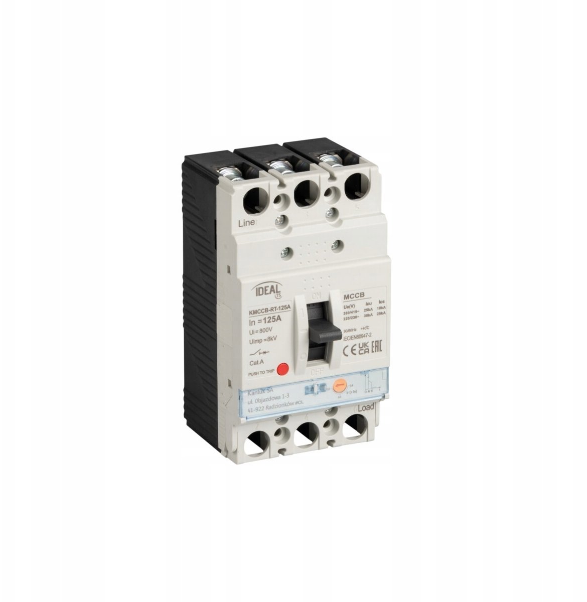 Wyłącznik kompaktowy MCCB KMCCB-RT-125A regulacja czł. termicz. 3 bieguny Ics 25kA(380/415V AC) Icu 36kA(220/230V AC) IP20 37281