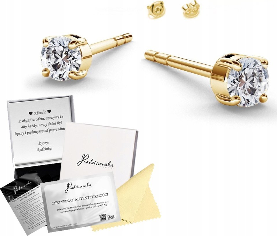 Radziszewska Jewellery Kolczyki Złote Cyrkonie Wkrętki 925 Dedykacja Biżuteria Prezent Kobieta