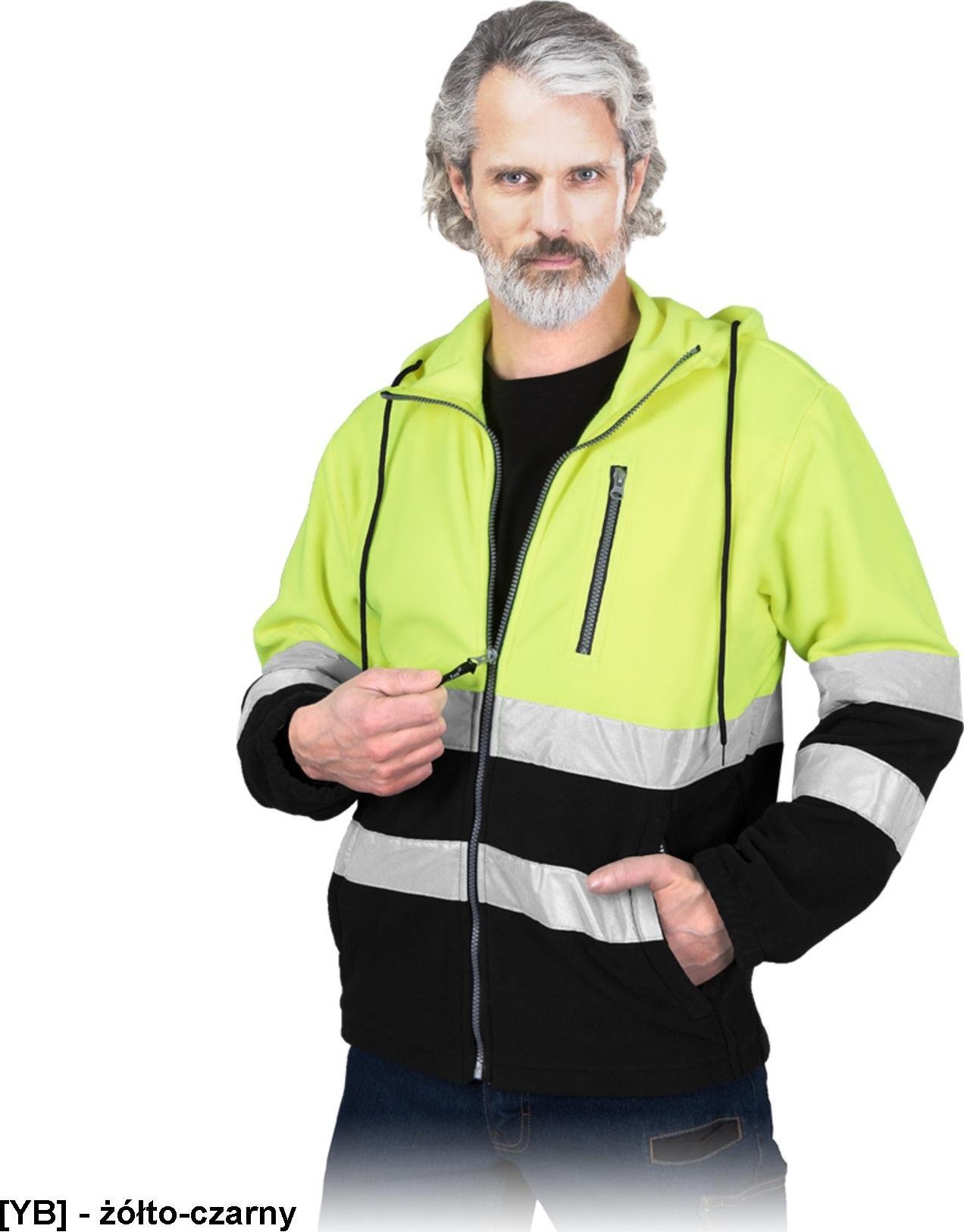 R.E.I.S. POLSTRIP-HD - bluza polarowa, stójka, pasy odblaskowe, stały kaptur, dzianina 100% poliester 290 g/m - Żółto-czarny 3XL