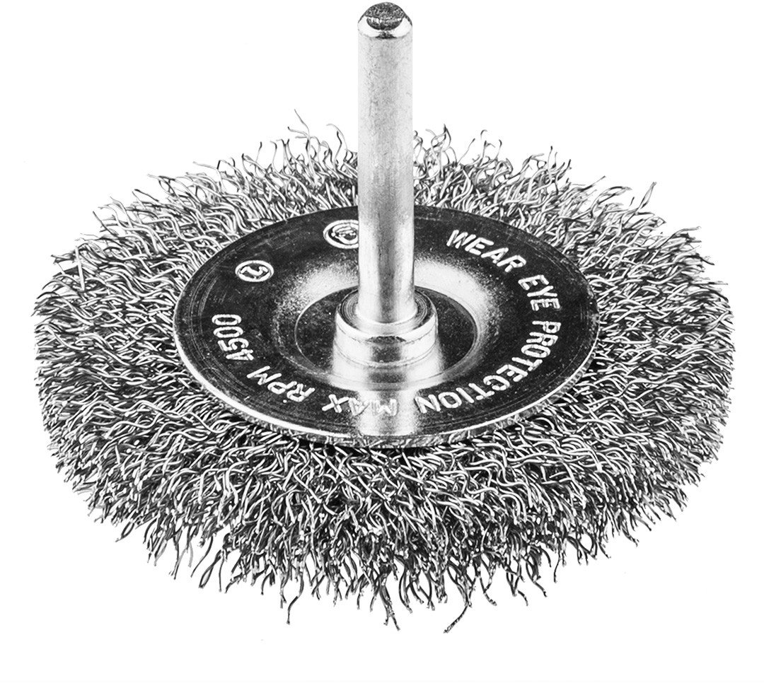 Szczotka druciana tarczowa 50 mm, drut karbowany, INOX, z trzpieniem 6 mm