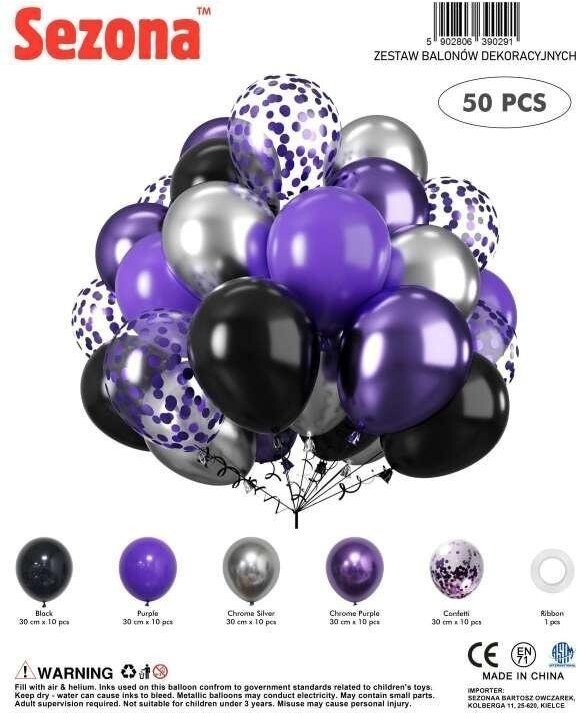 Balony czarne, fioletowe, konfetti 50szt