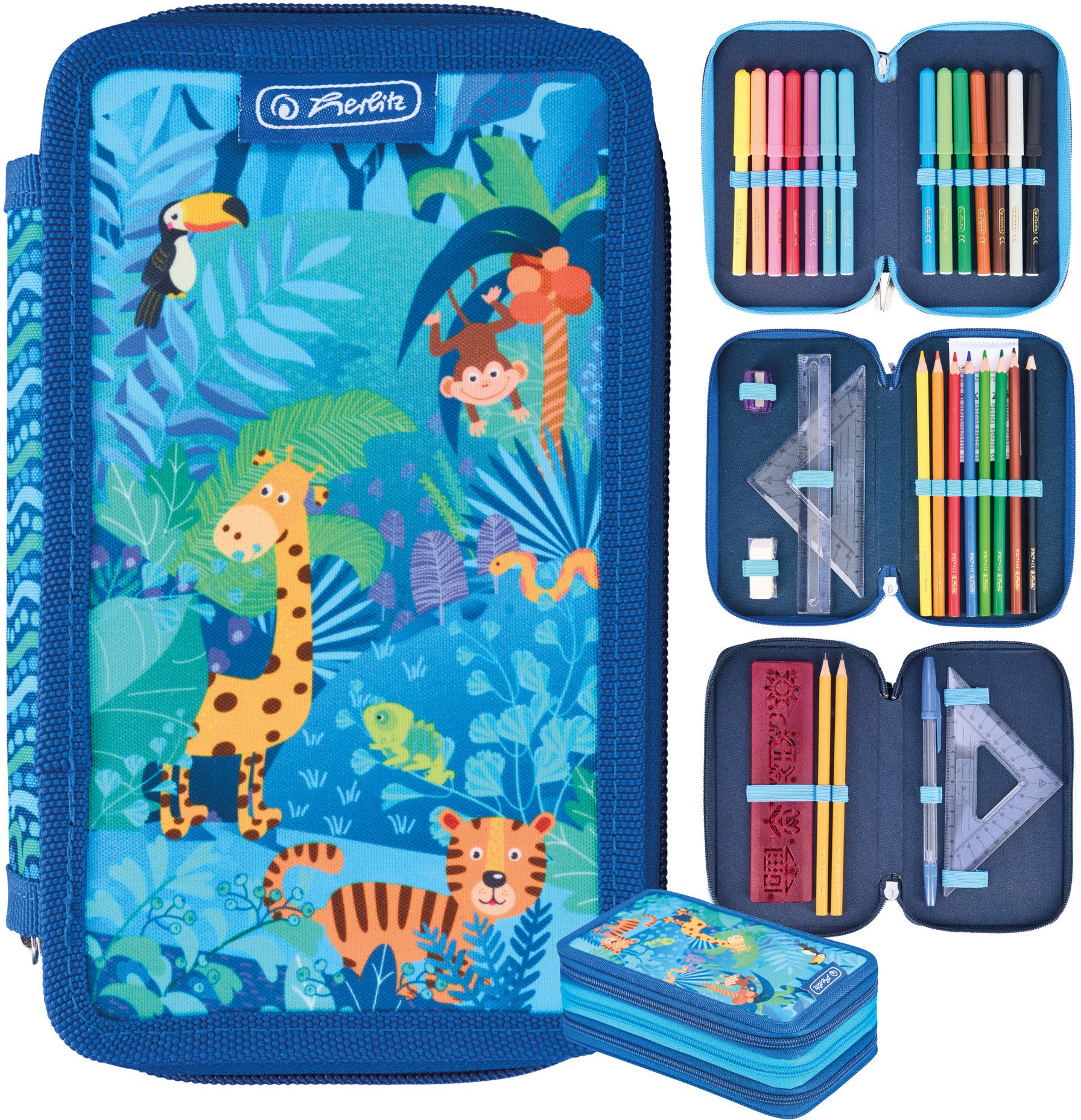 Piórnik potrójny trzykomorowy z wyposażeniem 31el Jungle Safari HERLITZ