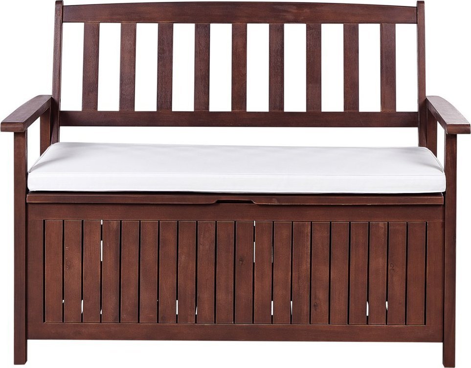 Beliani Ławka ogrodowa ze schowkiem 120 cm drewniana mahoniowy brąz z poduszką białą SOVANA