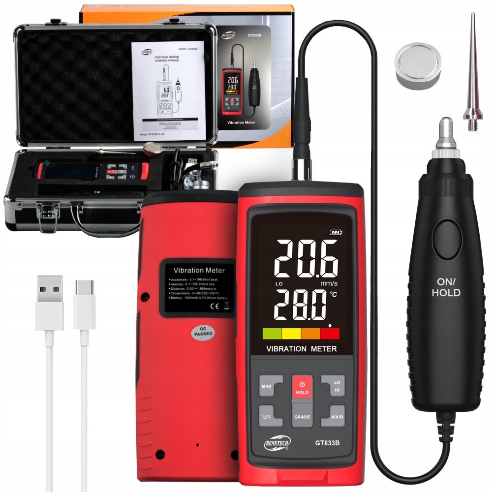 MIERNIK WIBRACJI CYFROWY WIBROMETR CZUJNIK DRGAŃ Z SONDĄ NA PRZEWODZIE LCD