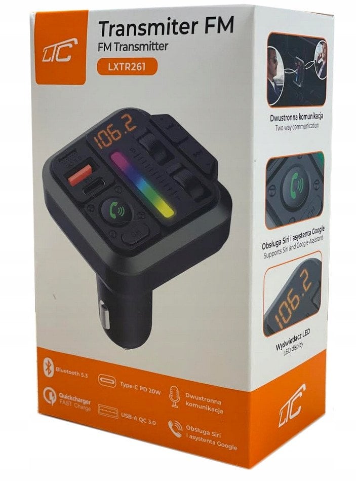 TRANSMITER CAR LTCFM MP3 BLUETOOTH PHONE CALL 5.3 DC12-24V/USBQC3,0+PD20W