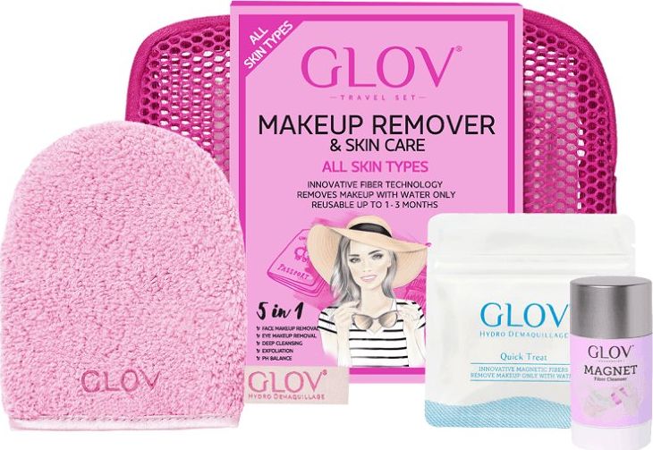 Glov Kelioninis rinkinys Glov Pink: makiažo valymo pirštinė On-The-Go + makiažo koregavimo pirštinė Quick Treat + makiažo valymo pirštinių valiklis Ma
