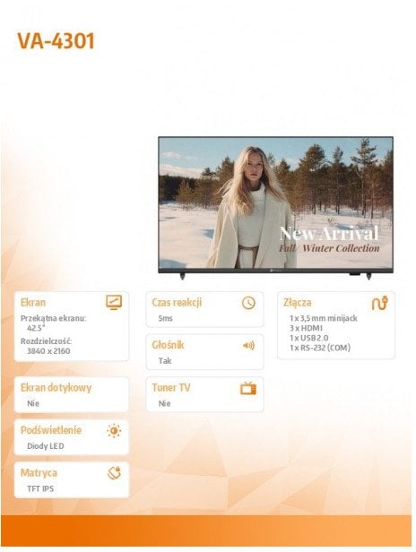 ag neovo Monitor wielkoformatowy VA-4301 CZARNY 350cd/m2 1200:1 16/7