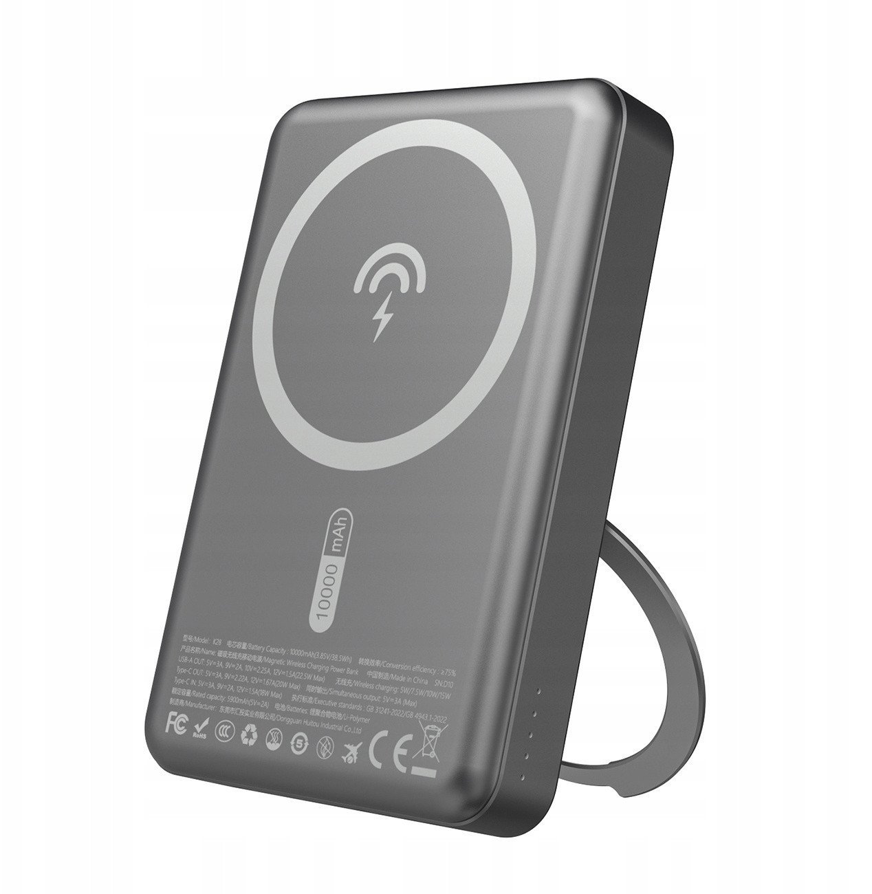 Powerbank Dudao K28 10000mAh PD 22.5W z MagSafe z metalową obudową i pierścieniem-podstawką - szary