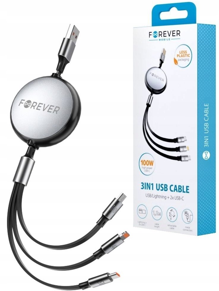 Forever kabel 3w1 USB - Lightning + 2x USB-C 1,2 m 100W czarny
