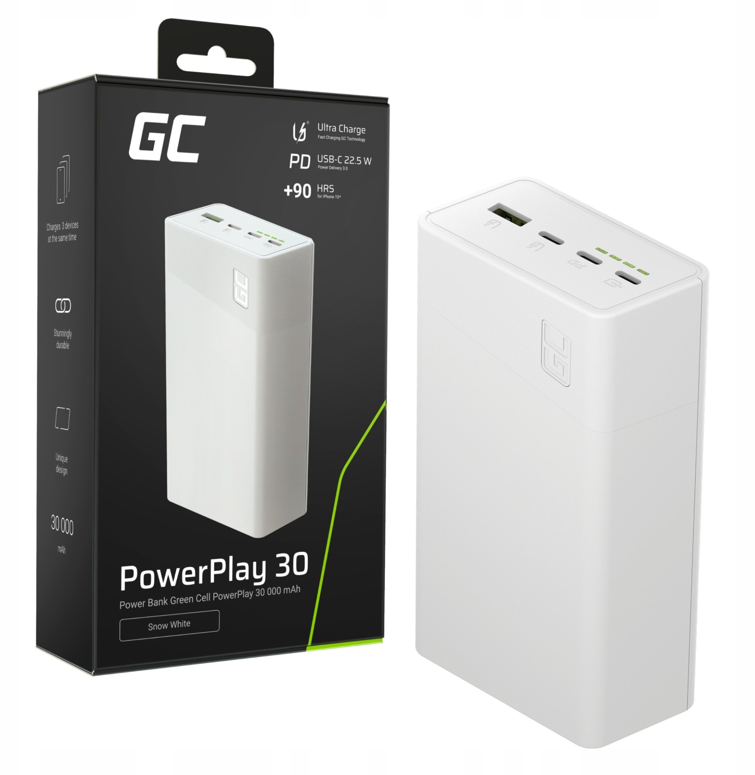 Greencell PowerPlay 30 - biały powerbank 30 000mAh, 22,5W, 4 porty