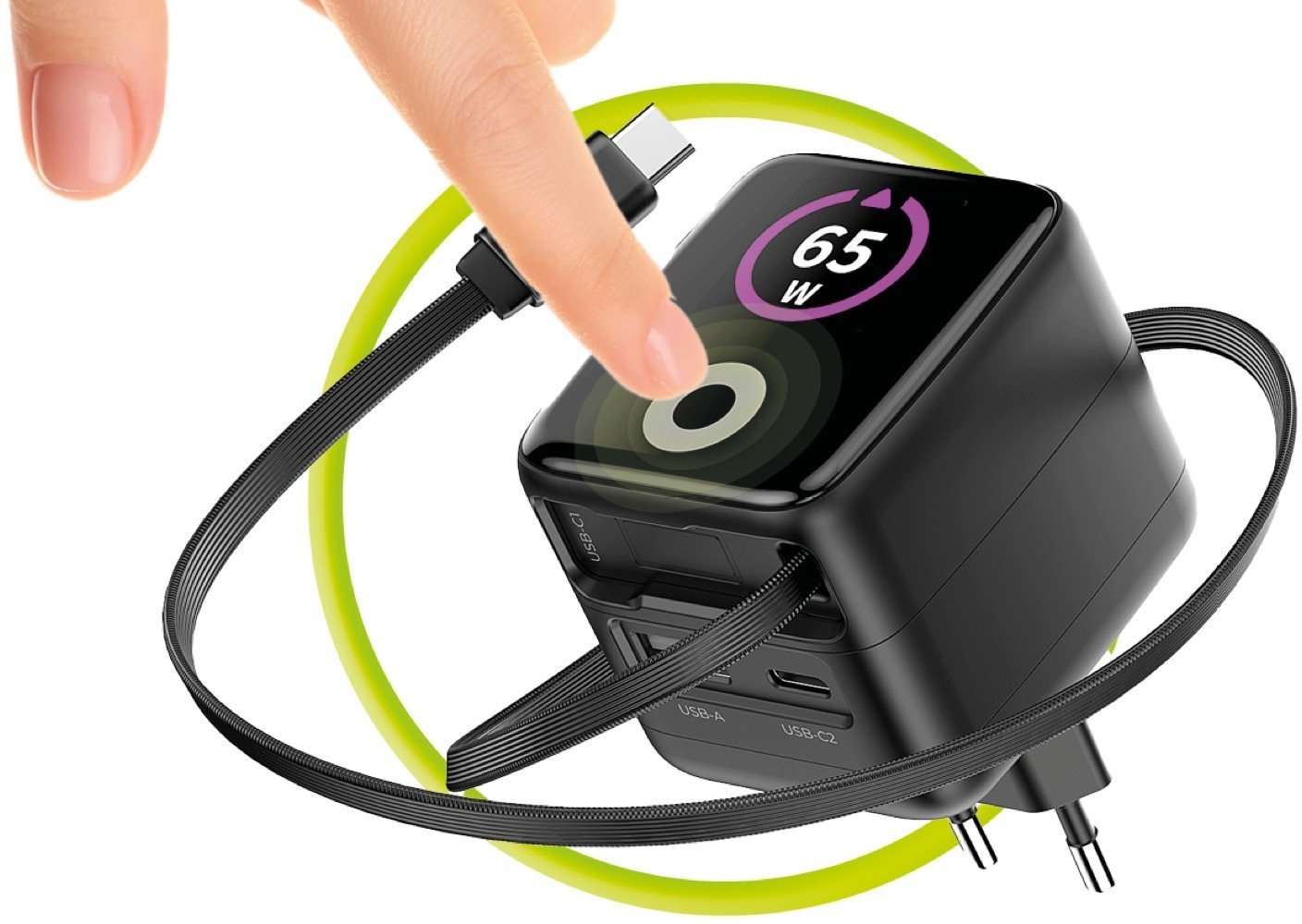 Mobile Origin 65W GaN Display Charger PW3 - USB-C Self-Retracting Cable + USB-C + USB-A