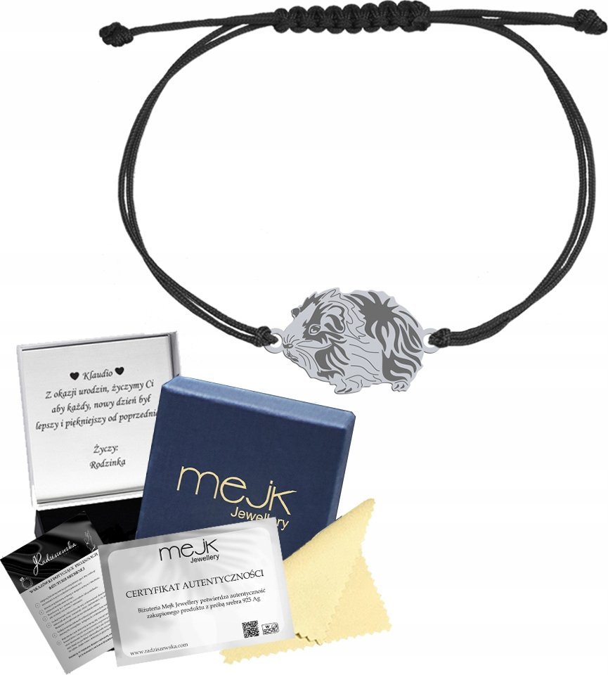 Radziszewska Jewellery Bransoletka Srebrna Świnka Morska Sznurek 925 Prezent GRAWER DEDYKACJA