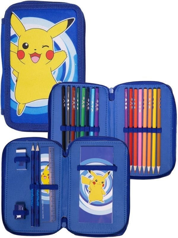 POKÉMON 2-compartment filled pencil case, 300D polyester, 19.5 x 12.5 x 5 cm Contents: 15 cm ruler w/4 col.sticker, 2 triangular sharpened pencils, 1