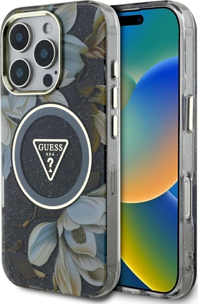Etui Guess Glitter Flowers Triangle Buttons MagSafe do iPhone 16 Pro czarny
